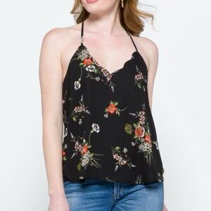Black Print Scalloped Detail Halter Blouse